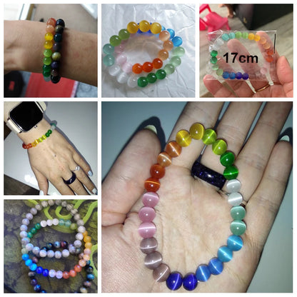 Luckacco 8mm Cat Eye Stone Beads Bracelet Fashion Natural Stone Cute Pink Chromatic Bead Bracelet Bangle for Women Jewelry Gifts Pulseira