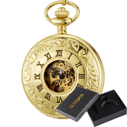Luckacco Vintage 2 Sides Open Case Mechanical Men's Watch Double Face Roman Dial Clock Hand Wind Pocket Watch With FOB Chain Gift
