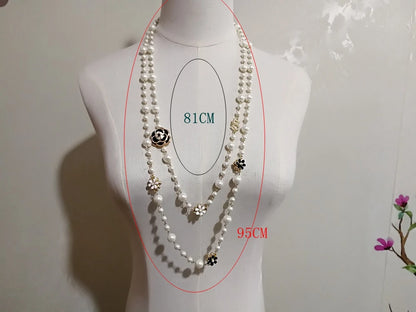 Luckacco Mimiyagu Long Simulated Pearl Necklace For Women  Double Layer  Pendant Sweater Chain  Party  Jewelry