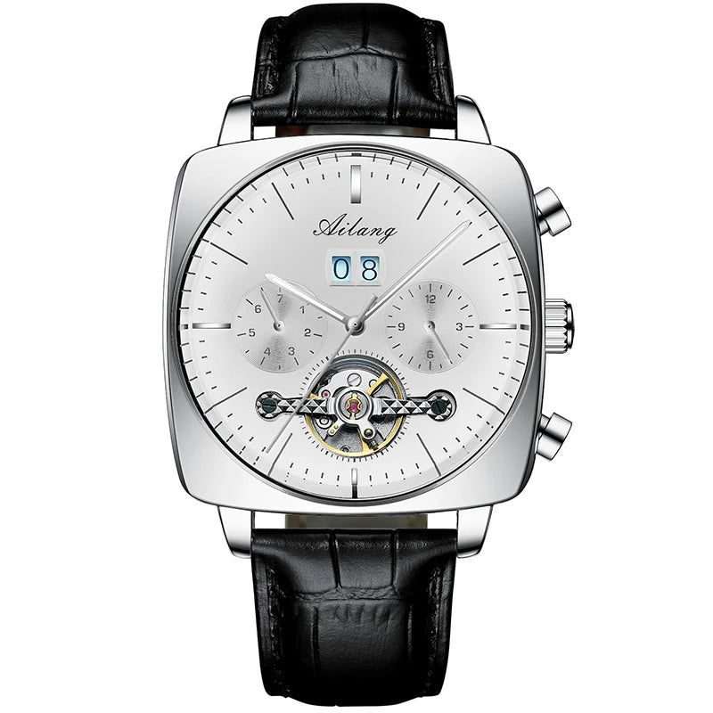luckacco ailang fashion green big dial square mechanical watch for men leather strap waterproof tourbillon watches mens relogio masculino