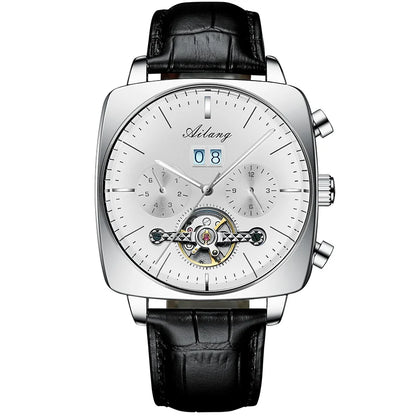 Luckacco AILANG Fashion Green Big Dial Square Mechanical Watch for Men Leather Strap Waterproof Tourbillon Watches Mens Relogio Masculino