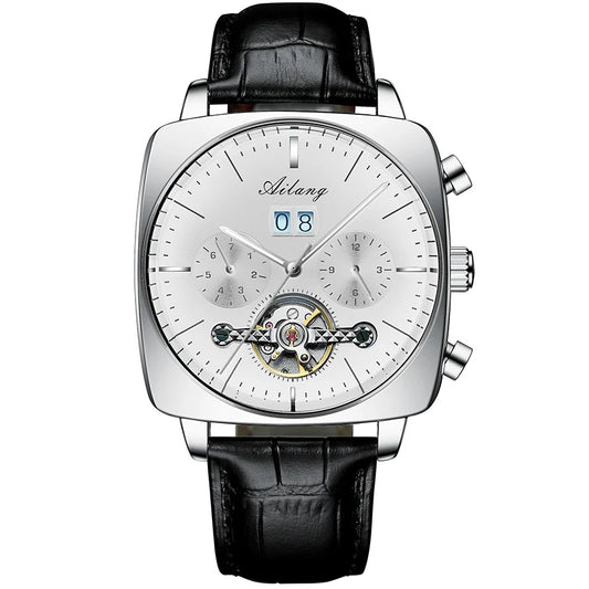 Luckacco AILANG Fashion Green Big Dial Square Mechanical Watch for Men Leather Strap Waterproof Tourbillon Watches Mens Relogio Masculino