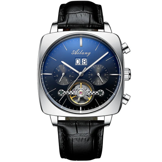 Luckacco AILANG Fashion Green Big Dial Square Mechanical Watch for Men Leather Strap Waterproof Tourbillon Watches Mens Relogio Masculino