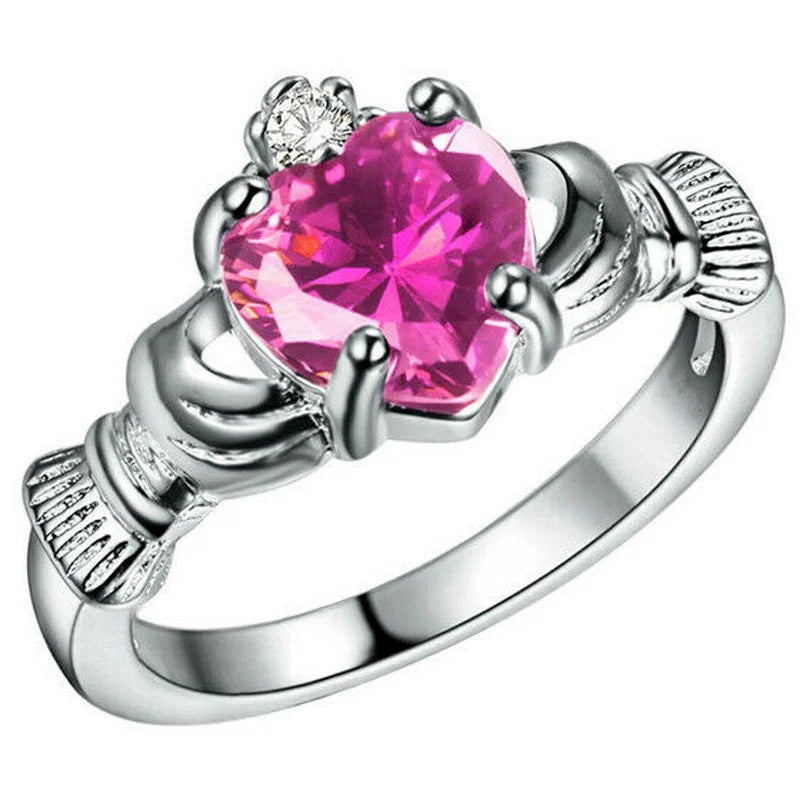 luckacco women silver color zircon crown wedding engagement claddagh ring size 6-10