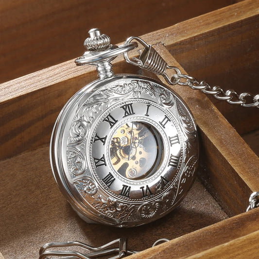 Luckacco Vintage 2 Sides Open Case Mechanical Men's Watch Double Face Roman Dial Clock Hand Wind Pocket Watch With FOB Chain Gift