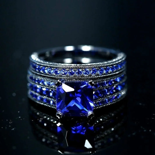 Luckacco Fashion Jewelry Lovers Rings Women's Blue Zircon Engagement Ring Sets Men's Stainless Steel Wedding Band Anniversary Gift