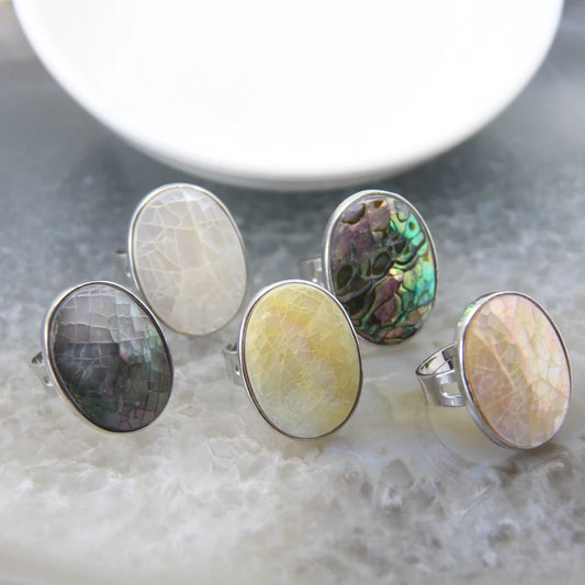 Luckacco Natural Beautiful Abalone Shell Adjustable Rings, Pearl Classic Round Shape Rings,Finger Rings Reiki Heal Geode Rings Jewelry