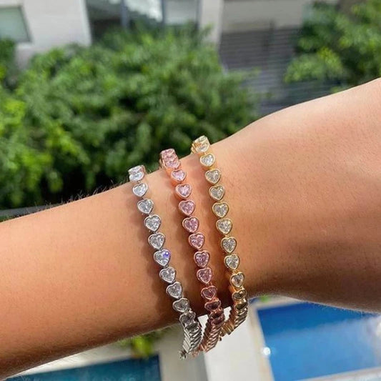 Luckacco 2025 New Iced Out AAA Cubic Zirconia Heart Tennis Chain Bracelet Silver Color CZ Charm Chain Bracelet Hip Hop Jewelry For Women