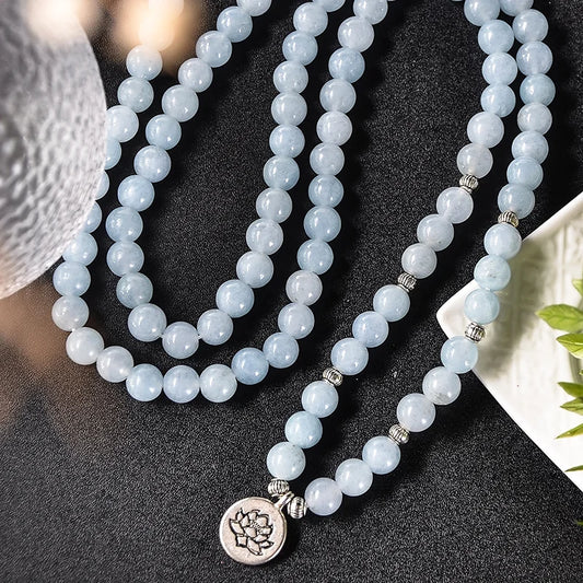 Luckacco 108 8mm Aquamarine Beaded Elastic Cord Wrap Mala Bracelet Meditation Yoga Healing Jewelry Women Charm Rosary Lotus Bangle