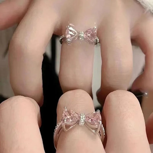 Luckacco Fashion Pink Bowknot Finger Ring Exquisite Sweet Bow-tie Ring Bowknot Adjustable Bowknot Opening Ring Weeding