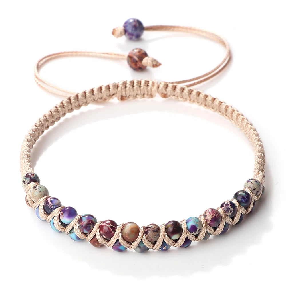 luckacco vintage 4mm natural stone beads bracelets & bangles for women men handmade adjustable braided rope chains meditation jewelry