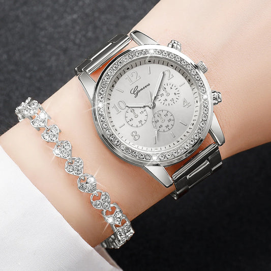 Luckacco Fashion Women Stainless Steel  Silver Color Quartz Watch & Diamond Bracelet