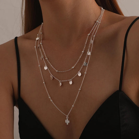 Luckacco New 925 Sterling Silver Triple Layer Necklace Plant Round Piece Choker Exquisite Clavicle Chain Send Women's Fine Accessories