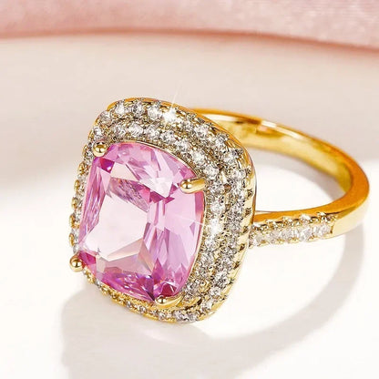 Luckacco Style Pink Sparkling Zircon Princess Square Engagement Ring for Ladies and Girlfriends Luxury Proposal  Gift Fashion Jewelry
