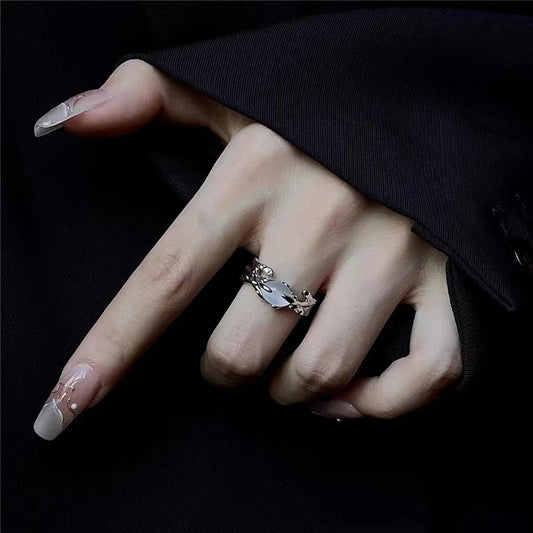 Luckacco Punk Harajuku Goth Thorns Black Silver Color Irregular Heart Cross Open Ring For Women Men Lover Vintage 90s Y2K Grunge Jewely