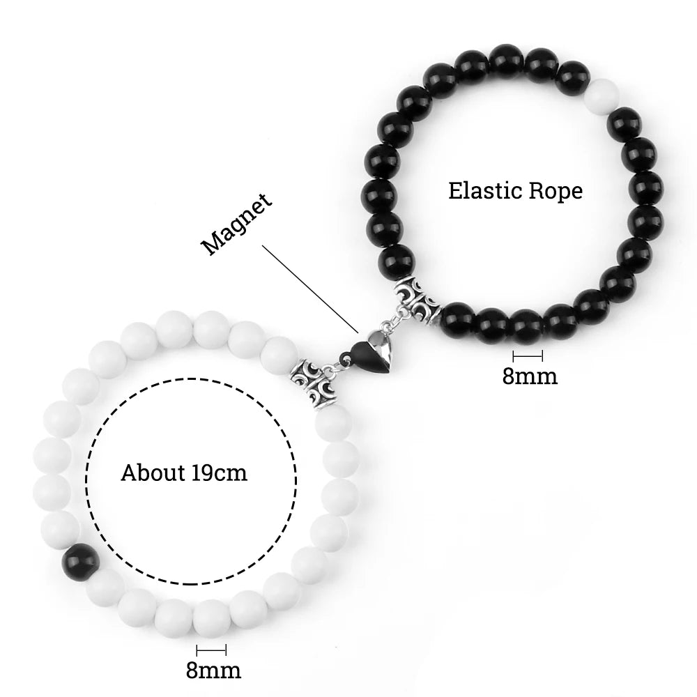 luckacco 2pcs/set sliver black color magnet pendant bracelets 6mm 8mm white porcelain black line beads couple bracelet jewelry gift new