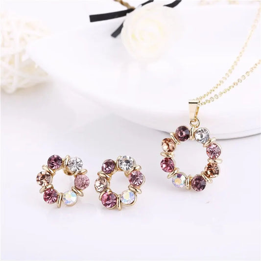 Luckacco 3pcs Gold Necklace Earrings Set Ladies Celebrity Simple Fashion Style Exquisite Stained Glass Diamond Circle Shape Jewelry