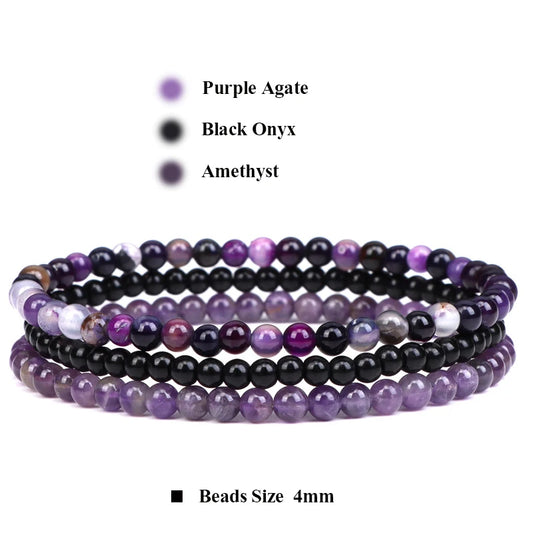 Luckacco 3pcs Amethysts Purple Agates Elastic Bracelets For Women Men Natural Stone Tiger Eye Black Onyx 4mm Beads Bracelet Set Jewelry