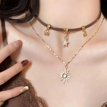 Luckacco Sun Star Zircon Necklace for Women Vintage Leather Necklace Double Layered Pendant Chain Choker Fashion Jewelry