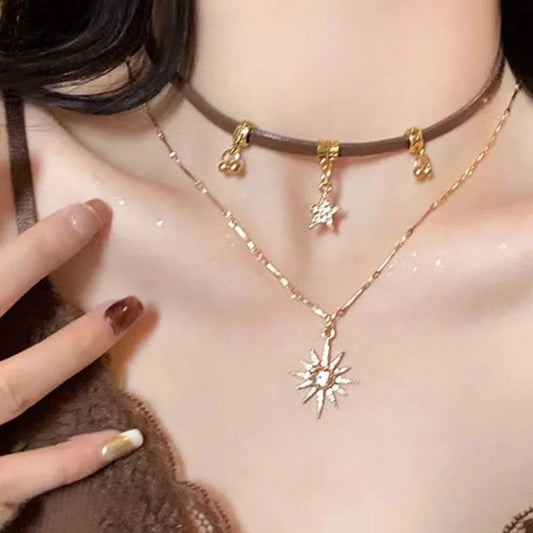 Luckacco Sun Star Zircon Necklace for Women Vintage Leather Necklace Double Layered Pendant Chain Choker Fashion Jewelry