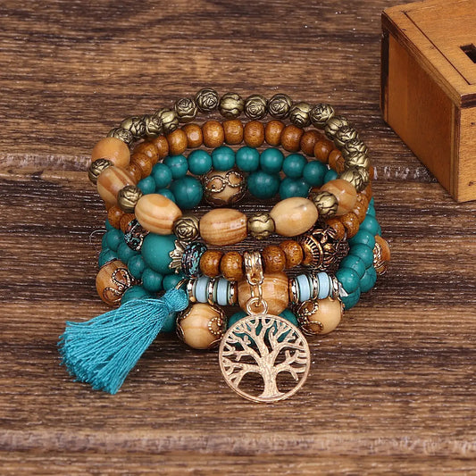 Luckacco Boho Tree Of Life Bracelet Set For Women Fashion Tassels Charm Wooden Beads Elastic Chain Bangle Girl Trendy Party Jewelry