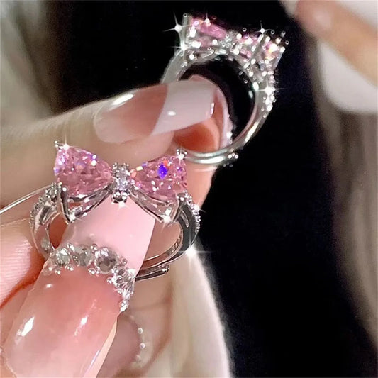 Luckacco Fashion Romantic Pink Crystal Bowknot Rings Sweet Exquisite Y2K Opening Finger Ring Girls Birthday Party Jewelry Accessories