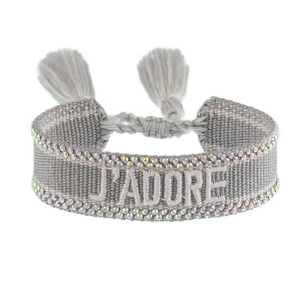 luckacco rhinestone embroidery woven bracelets adjustable rope stackable bangle for women