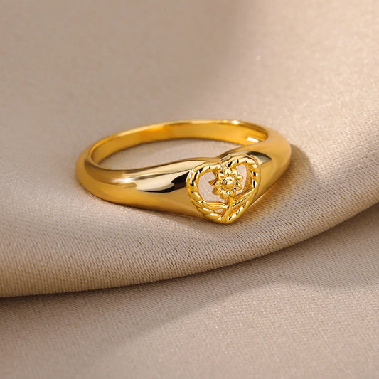 Luckacco Sunflower Heart Rings For Women Gold Color Stainless Steel Ring Female Engagement Wedding Party Finger Jewelry Gift 2024 Trend