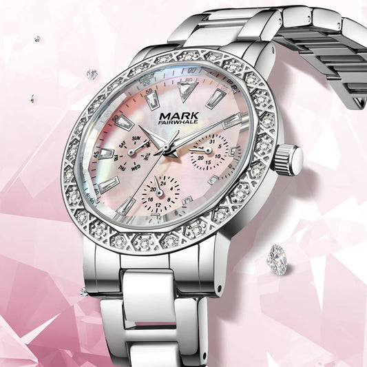 Luckacco Mark Fairwhale Dress Pink Diamond Watch For Women Fashion Ceramic Chain Quartz Watch Luxury Brilliant Beimu Wristwatch Ladies