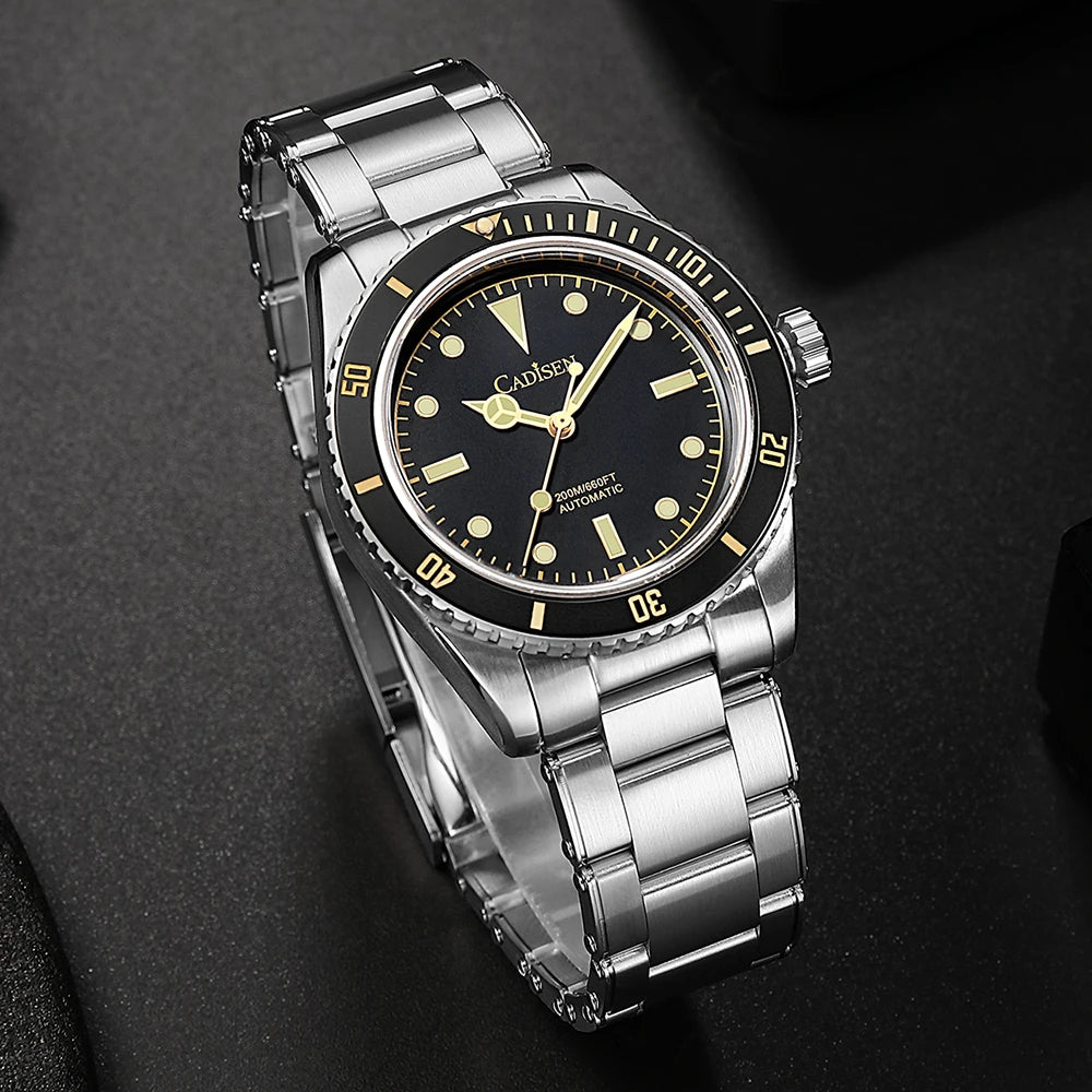 luckacco cadisen luxury men watch 38mm diver vintage automatic business wristwatches nh35 mechanical sapphire 20 bar mens retro clock