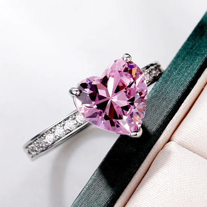 Luckacco Romantic Pink Heart shaped Ring for Female Cubic Zirconia Bridal Wedding Party  with Minimalist Fashion Jewelry Accessories