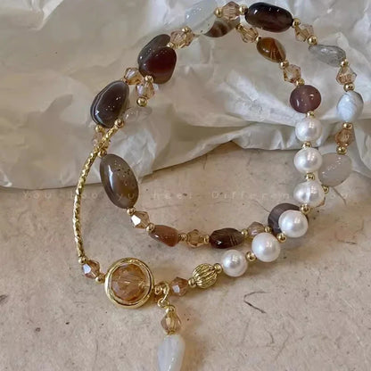 Luckacco 2pcs Set Luxury Natural Stone Pearl Beaded Bracelet for Women Bohemia Charm Crystal Pendant Holiday Jewelry Beach Accessory Gift