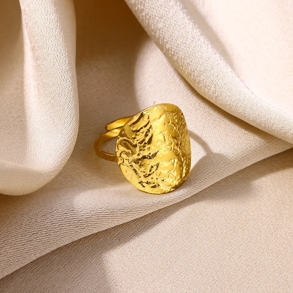 luckacco gold color stainless steel coin ring broad surface elliptical geometry rings fashion elegant jewelry accessories for women gift