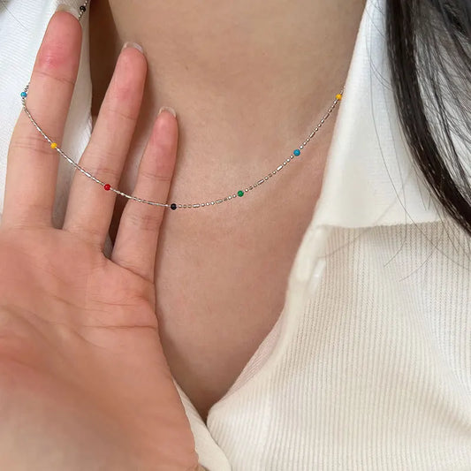 Luckacco New 925 Sterling Silver Colorful Round Beads Necklace Delicate Charm Temperament Choker Birthday Gift for Women's Fine Jewelry