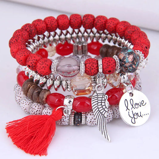 Luckacco elite Bohemian Multicolor Pink Crystal Beads Bracelets Women Girls Elastic Tassel Wing Letters Rope Bracelet Pulseira Feminina