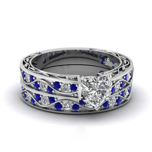 Luckacco Fashion Couple Rings Romantic Women Heart Zircon Stone Rings Set Men's Blue Stainless Steel Ring Wedding Party Jewelry Gifts