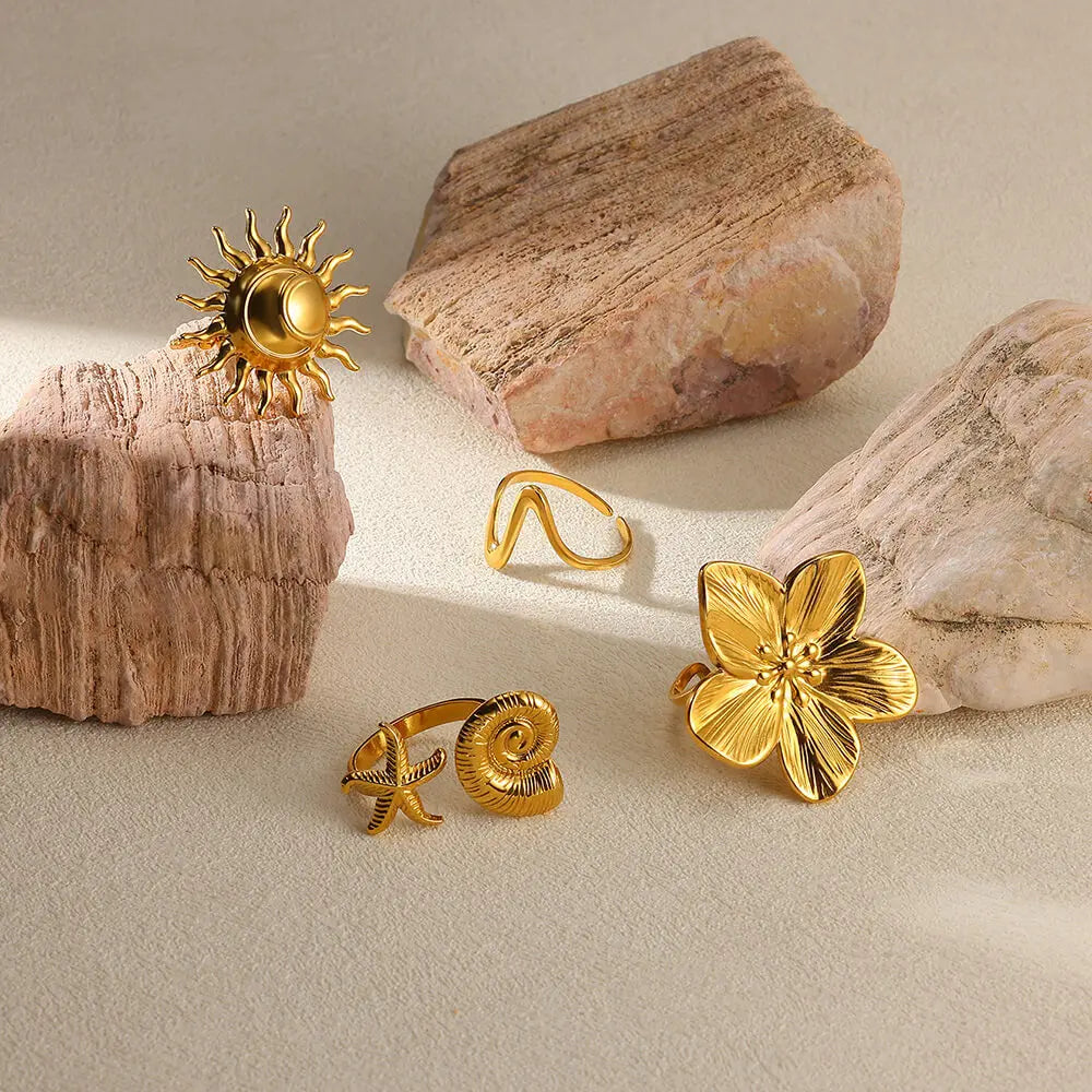 luckacco elegant stainless steel big bloom flower rings for women gold color sun starfish open ring finger jewelry wedding her gift punk