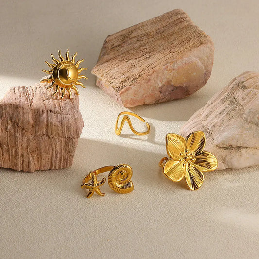 Luckacco Elegant Stainless Steel Big Bloom Flower Rings For Women Gold Color Sun Starfish Open Ring Finger Jewelry Wedding Her Gift Punk