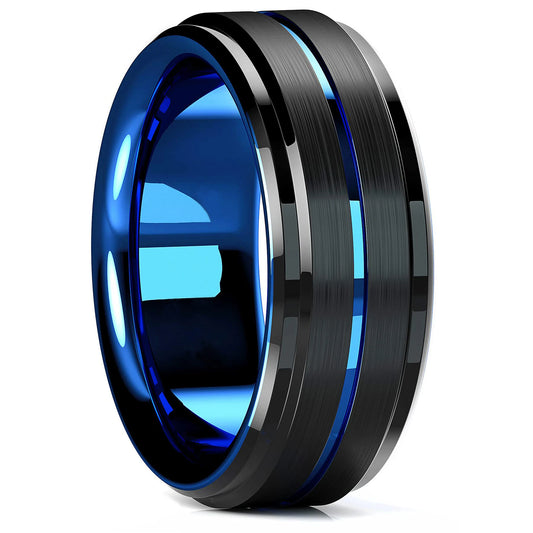 Luckacco Fashion 8mm Black Tungsten Wedding Celtic Dragon Rings Inlaid Blue Zircon Stainless Steel Rings for Men Blue Carbon Fibre Ring