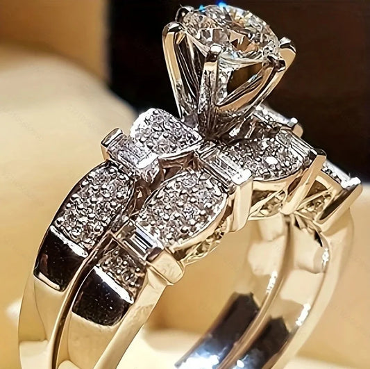 Luckacco Gorgeous Silver Color Inlaid with White Stone Rings Set Fashion Round Party Engagement Wedding Rings for Women Jewelry