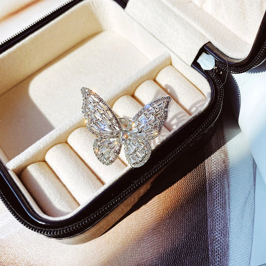 Luckacco Women's Copper Set Zircon Butterfly Ring European and American Style Luxury Bubble Cocktail Party Ring Bride Jewelry Accessories