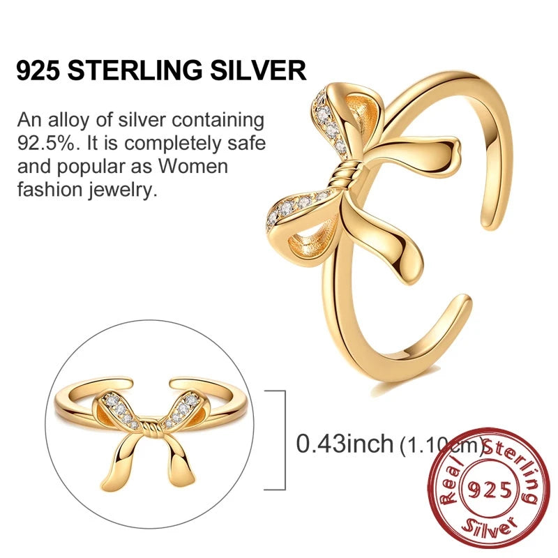 luckacco new 925 sterling silver rings gold heart bow adjustable open closed ring suitable for women stacking ring fashion jewelry gift