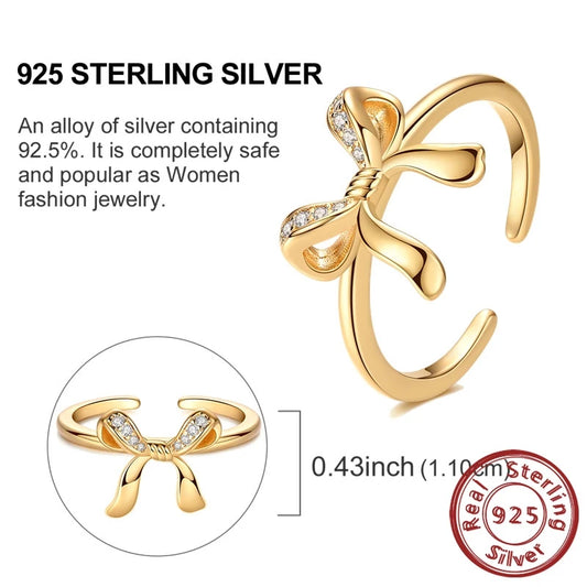 Luckacco New 925 Sterling Silver Rings Gold Heart Bow Adjustable Open Closed Ring Suitable for Women Stacking Ring Fashion Jewelry Gift