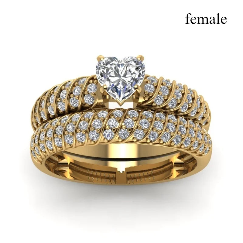 luckacco fashion couple rings romantic white rhinestones cz women rings set simpe men's stainless steel rings for couple wedding jewelry