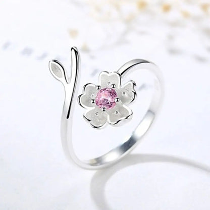 Luckacco Light Luxury Open Finger Ring Temperament Adjustable Cherry Blossom Cuff Ring Pink Rhinestone Elegant Daily Jewelry Female