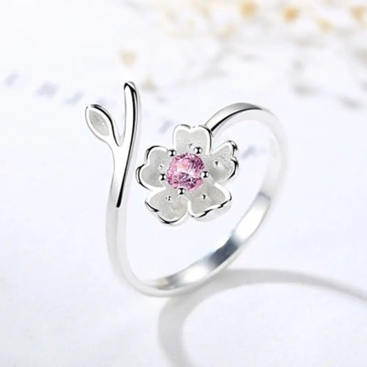Luckacco Light Luxury Open Finger Ring Temperament Adjustable Cherry Blossom Cuff Ring Pink Rhinestone Elegant Daily Jewelry Female