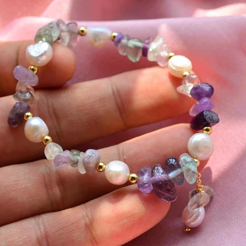 luckacco 100% natural freshwater pearl & purple crystal 14k gold filled female charm bracelet jewelry for women christmas gifts no fade