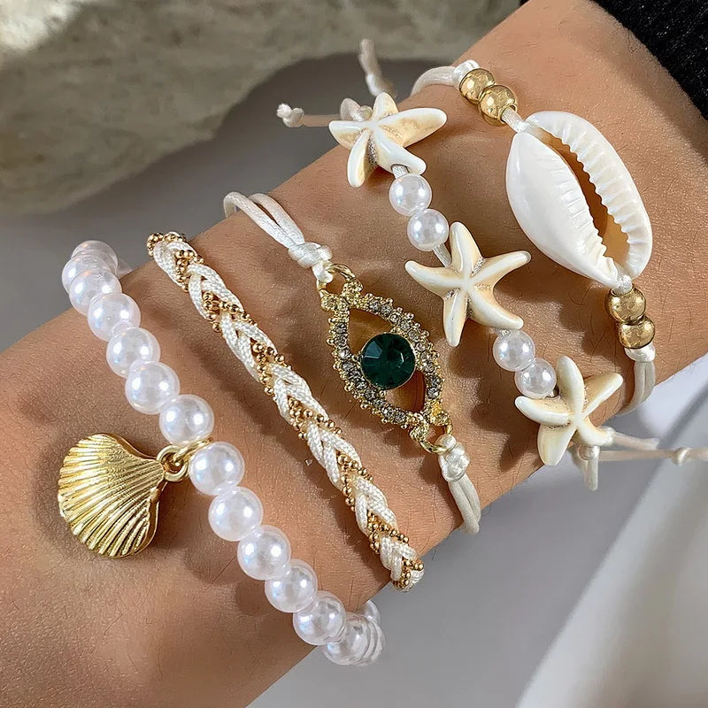 luckacco 5pcs bohemia shell starfish bracelet set for women imitation pearl evil eye multilayer beaded bangles sand beach party jewelry