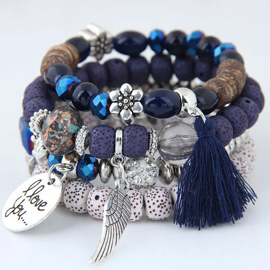 Luckacco elite Bohemian Multicolor Pink Crystal Beads Bracelets Women Girls Elastic Tassel Wing Letters Rope Bracelet Pulseira Feminina