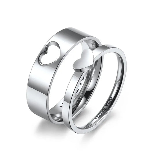 Luckacco Stainless Steel Hollow Heart Puzzle Couple Rings "I LOVE YOU" Engraved Wedding Band Ring for Women Men Size 5-12